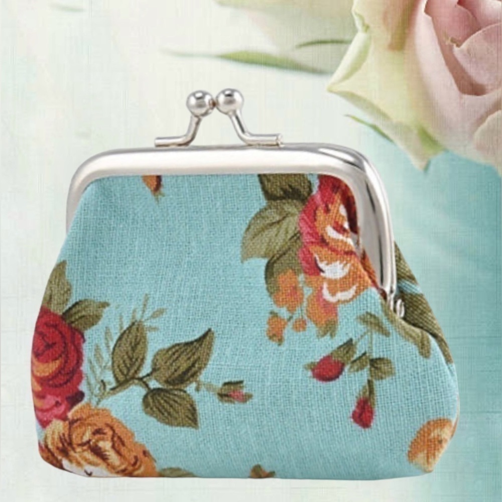 Purse Coin Bag French Kiss Clasp Storage Change Victorian Rose Floral Blue - Picture 4 of 16